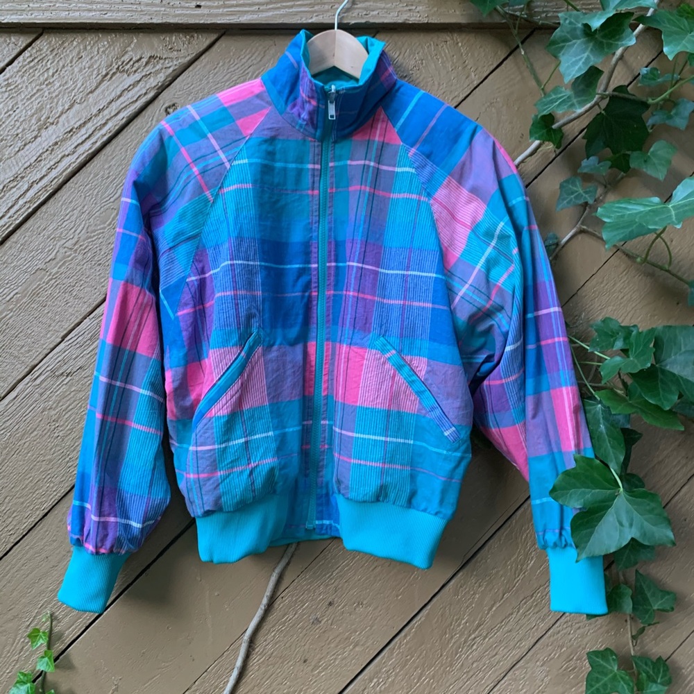 VTG 80’s Head Sportswear Reversible teal PLAID Bomber Jacket Sz M zip-up coat - Picture 1 of 14